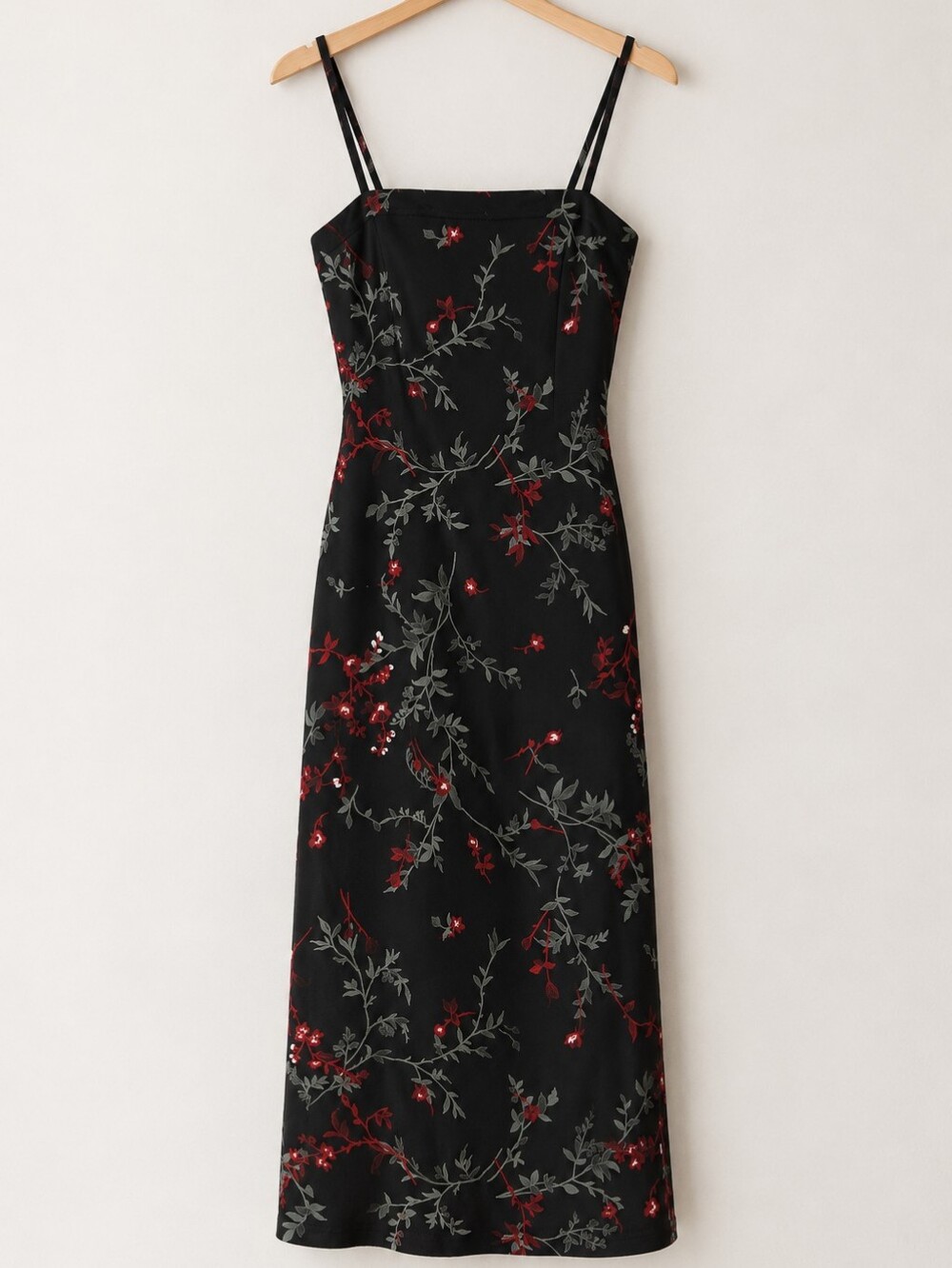 Vintage Whimsigoth Witchy Floral On Vine Black Evening Strappy Side Slit Dress